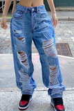 Lutaotie Casual Solid Ripped Mid Waist Harlan Denim Jeans