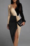 Lutaotie Sexy Patchwork Sequins V Neck Long Sleeve Dresses