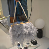 Lutaotie Daily Party Patchwork Feathers Chains Pearl Bags