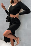 Lutaotie Casual Elegant Solid Slit U Neck Long Sleeve Two Pieces(4 Colors)