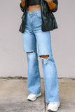 Lutaotie Street Solid Ripped High Waist Regular Denim Jeans