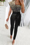 Lutaotie Sweet Elegant Patchwork Sequins Asymmetrical Collar Regular Jumpsuits