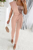 Lutaotie Sweet Elegant Patchwork Sequins Asymmetrical Collar Regular Jumpsuits