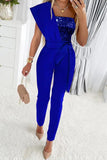 Lutaotie Sweet Elegant Patchwork Sequins Asymmetrical Collar Regular Jumpsuits