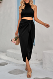 Lutaotie Sweet Vacation Solid Asymmetrical Halter Sleeveless Two Pieces