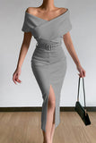 Lutaotie Sexy Elegant Solid With Belt V Neck One Step Skirt Dresses