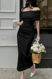 Lutaotie Celebrities Elegant Solid Fold Off the Shoulder Evening Dress Dresses