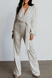 Lutaotie Casual Elegant Solid Sequins V Neck Regular Jumpsuits