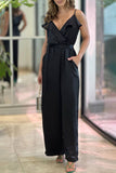 Lutaotie Casual Celebrities Solid Flounce V Neck Loose Jumpsuits