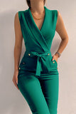 Lutaotie Casual Work Solid Pocket Frenulum V Neck Regular Jumpsuits(6 Colors)