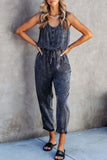 Lutaotie Casual Street Print Patchwork Pocket U Neck Sleeveless Loose Denim Jumpsuits