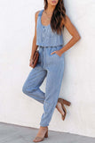 Lutaotie Casual Street Print Patchwork Pocket U Neck Sleeveless Loose Denim Jumpsuits