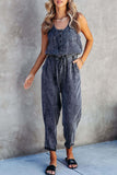 Lutaotie Casual Street Print Patchwork Pocket U Neck Sleeveless Loose Denim Jumpsuits