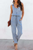 Lutaotie Casual Street Print Patchwork Pocket U Neck Sleeveless Loose Denim Jumpsuits