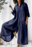 Lutaotie Casual Vacation Solid Pocket Buttons Turndown Collar Loose Jumpsuits