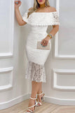 Lutaotie Celebrities Elegant Solid Lace Off the Shoulder Waist Skirt Dresses