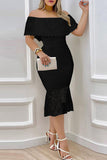 Lutaotie Celebrities Elegant Solid Lace Off the Shoulder Waist Skirt Dresses