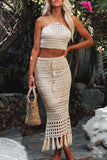 Lutaotie Casual Vacation Solid Tassel Hollowed Out See-through Halter Sleeveless Two Pieces