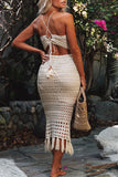 Lutaotie Casual Vacation Solid Tassel Hollowed Out See-through Halter Sleeveless Two Pieces