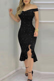 Lutaotie Sexy Elegant Solid Sequined Stringy Selvedge Off the Shoulder Evening Dress Dresses