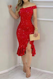 Lutaotie Sexy Elegant Solid Sequined Stringy Selvedge Off the Shoulder Evening Dress Dresses