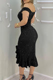 Lutaotie Sexy Elegant Solid Sequined Stringy Selvedge Off the Shoulder Evening Dress Dresses