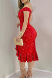 Lutaotie Sexy Elegant Solid Sequined Stringy Selvedge Off the Shoulder Evening Dress Dresses