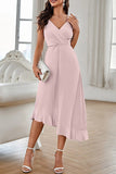 Lutaotie Sweet Elegant Solid Flounce V Neck Sling Dress Dresses