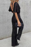 Lutaotie Casual Simplicity Solid Sequins V Neck Regular Jumpsuits