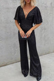 Lutaotie Casual Simplicity Solid Sequins V Neck Regular Jumpsuits