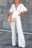 Lutaotie Casual Simplicity Solid Sequins V Neck Regular Jumpsuits