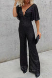 Lutaotie Casual Simplicity Solid Sequins V Neck Regular Jumpsuits