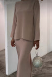 Lutaotie Celebrities Elegant Solid Pearl O Neck Long Sleeve Two Pieces