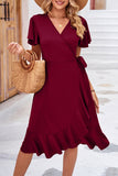 Lutaotie Elegant Simplicity Solid Frenulum Asymmetrical V Neck Irregular Dress Dresses