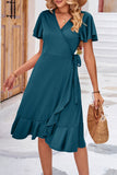 Lutaotie Elegant Simplicity Solid Frenulum Asymmetrical V Neck Irregular Dress Dresses