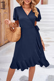 Lutaotie Elegant Simplicity Solid Frenulum Asymmetrical V Neck Irregular Dress Dresses