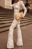 Lutaotie Celebrities Elegant Solid Lace Patchwork With Belt O Neck Regular Jumpsuits