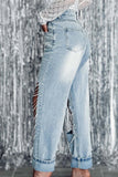 Lutaotie Street Solid Ripped Chains Loose Denim Jeans