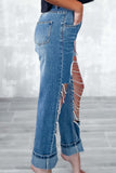 Lutaotie Street Solid Ripped Chains Loose Denim Jeans