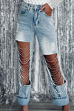 Lutaotie Street Solid Ripped Chains Loose Denim Jeans