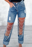 Lutaotie Street Solid Ripped Chains Loose Denim Jeans