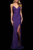 Lutaotie Sexy Formal Solid Sequins Backless Slit V Neck Evening Dress Dresses