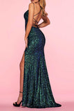 Lutaotie Sexy Formal Solid Sequins Backless Slit V Neck Evening Dress Dresses