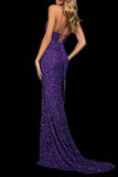 Lutaotie Sexy Formal Solid Sequins Backless Slit V Neck Evening Dress Dresses