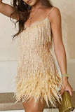 Lutaotie Sexy Solid Tassel Feathers V Neck Pencil Skirt Dresses