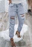 Lutaotie Street Solid Ripped Hollowed Out Regular Denim Jeans