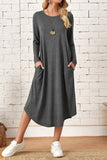 Lutaotie Casual Simplicity Solid Pocket O Neck Long Sleeve Dresses