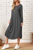 Lutaotie Casual Simplicity Solid Pocket O Neck Long Sleeve Dresses