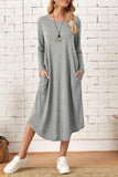 Lutaotie Casual Simplicity Solid Pocket O Neck Long Sleeve Dresses