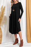 Lutaotie Casual Simplicity Solid Pocket O Neck Long Sleeve Dresses